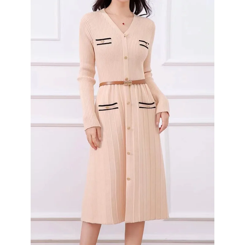 

Women Elegant Temperament Wind V-neck Knit Dress New Fashion with Belt Long Sleeve Small Fragrance Black Khaki Dresses Female