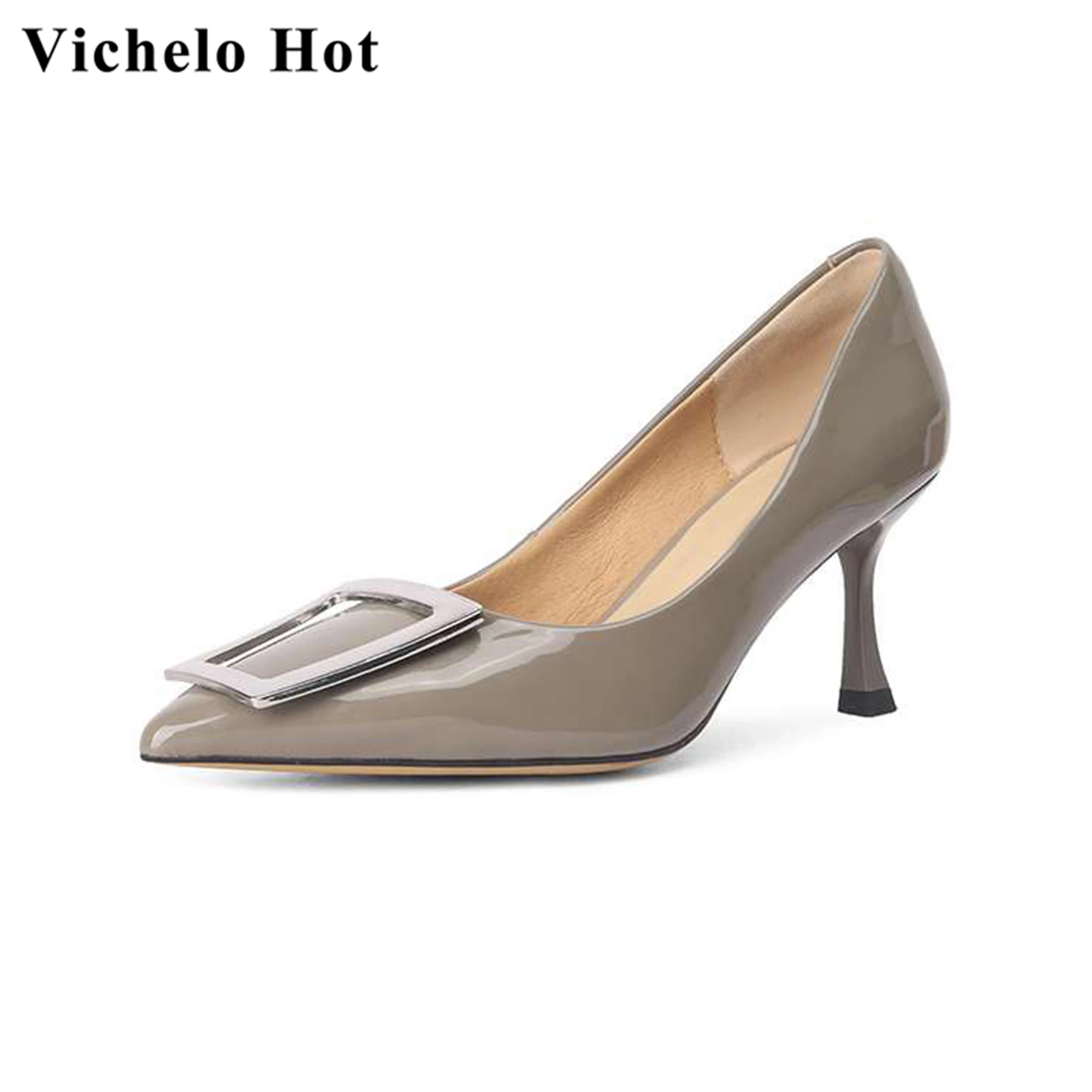 

Vichelo Hot Cow Patent Leather Shallow Slip On Pointed Toe High Heels Spring Shoe Office Lady Elegant Buckle Wedding Women Pumps