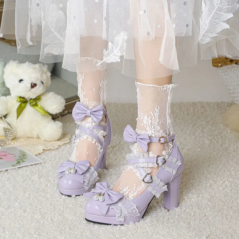 

Autumn New Ladies Heels Platform Cute Bow Lace Princess Mary Jane Lolita Shoes Party Buckle Girls Sweet Women Pumps Ladies Shoes