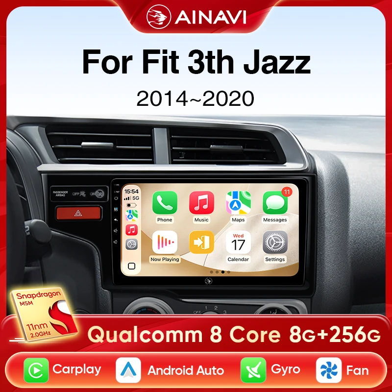 Ainavi Car Radio for Honda Fit 3rd Gen Jazz 2014-2020 Wireless CarPlay Android Auto Car Multimedia Player