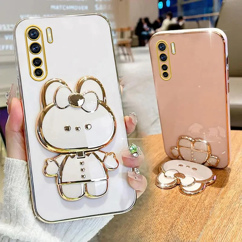 Luxury Cute Rabbit Makeup Mirror Phone Holder Case for Girls & Women - Stand Cover