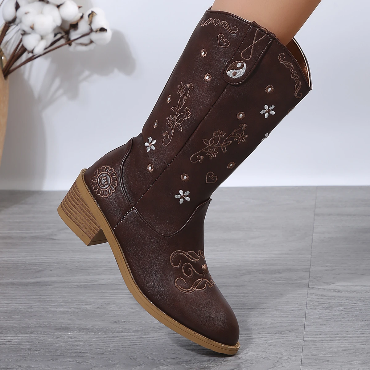 Aphixta Flower Dec Pointed Toe Knee Boots Women Winter Shoes Side Zip Square Heels Women Boots Big Size 43