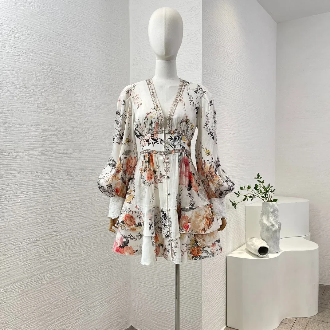 

Льняное шелковое мини-платье с V-образным вырезом и цветочным принтом с длинным рукавом-фонариком с бриллиантами, растягивающаяся Талия сзади, Новинка лета 2024