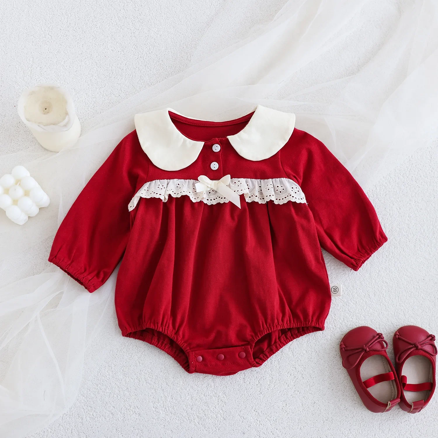 Red Doll Collar Long Sleeve Baby Romper for Spring Autumn Newborn 100 Days Old Girls Clothes Cotton Onesie Baby Outfit