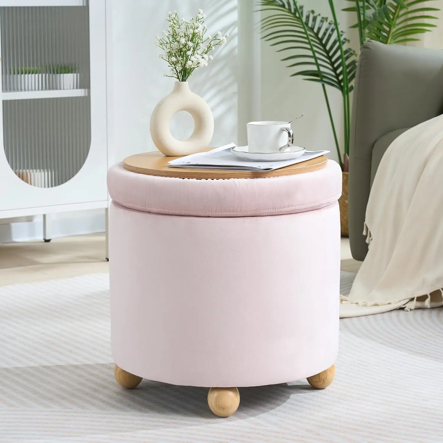 Round Storage Ottoman with Tray, Modern Tufted Fabric Foot Rest Ottoman with Wooden Spherical Feet Round Vanity Stool