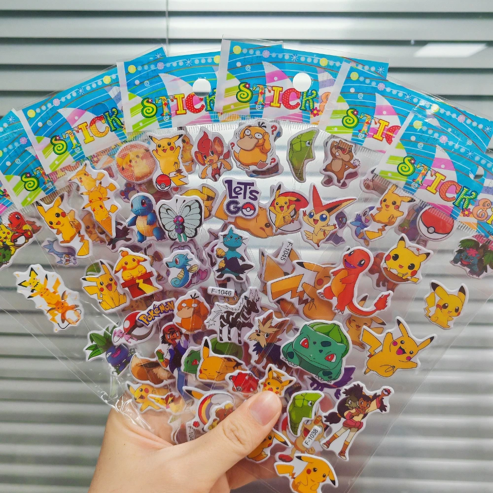 12Sheets Cute Anime Pokemon Stickers Kawaii 3D Pikachu Decals Kids Toys Cartoon Bubble Paste Thicken The Reward Sticker Gifts