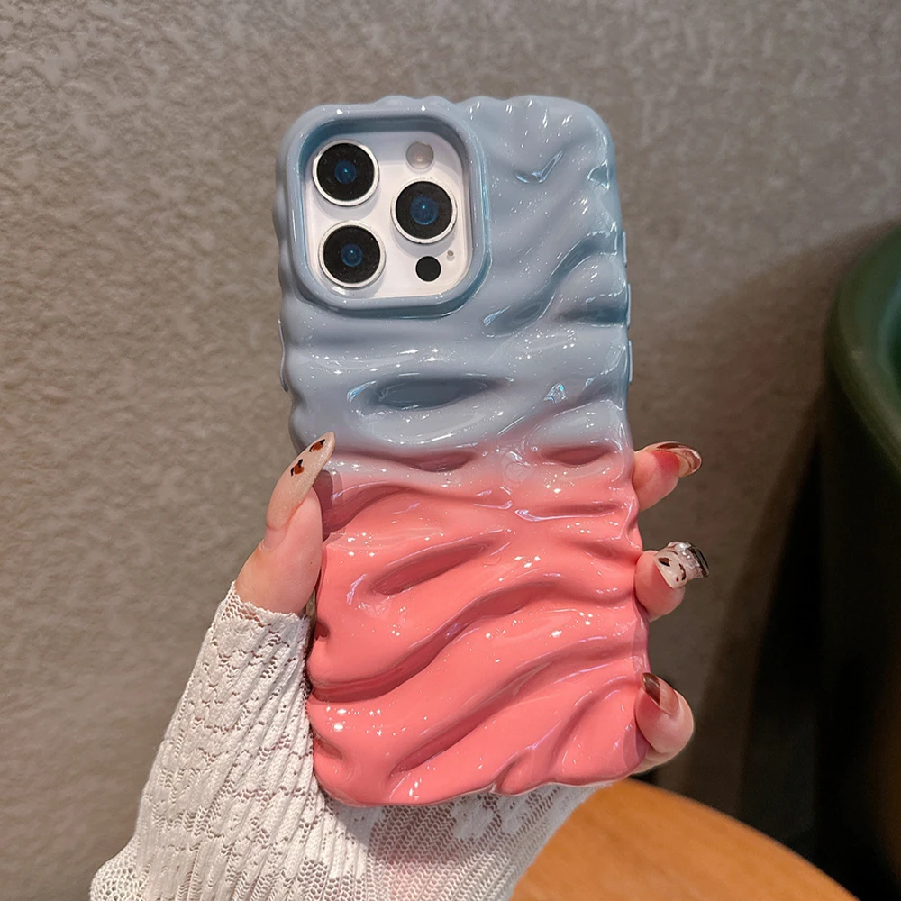 Gradient Pleated Water Ripple Glossy Phone Case - Dual Color Protective Back Cover