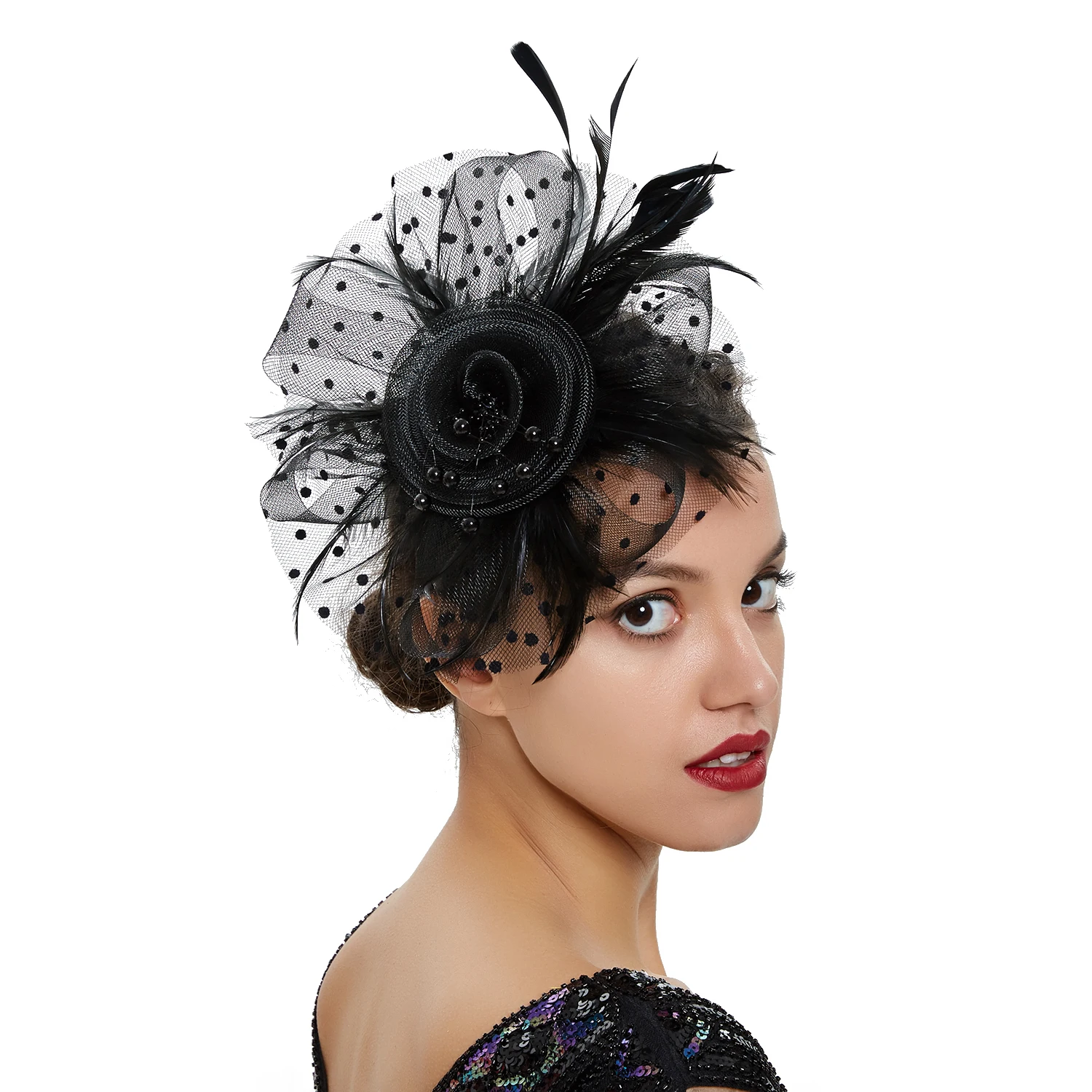 Vintage Women Feather Flower Fascinator Hat Ladies Hair Accessories Wedding Party Floral Mesh Veil Headband Hairpin 1
