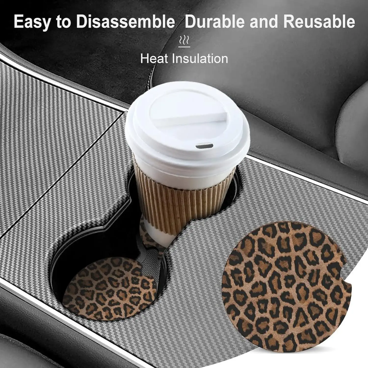 Car Cupholder Coaster 2 Pack,Ceramic Stone Coaster with a Finger Notch Cute Auto Accessories Gifts Retro Luxury Leopard