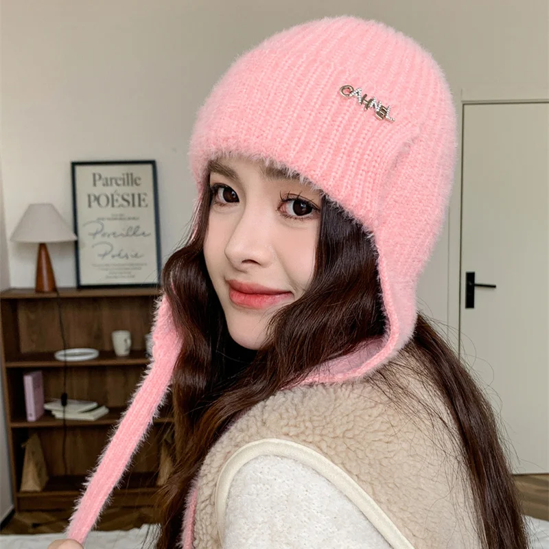 New Women Cute Earflap Winter Hat Fashion Faux Fur Knitted Hat Kpop Style Soft Beanie Hats Female Streetwear Cap