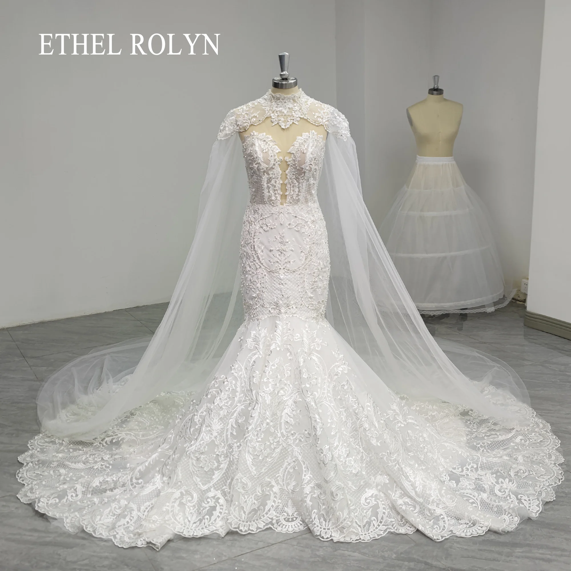 

ETHEL ROLYN Mermaid Wedding Dresses For Women 2023 Strapless With Mit Cape Beading Appliques Lace Wedding Gown Vestidos De Novia