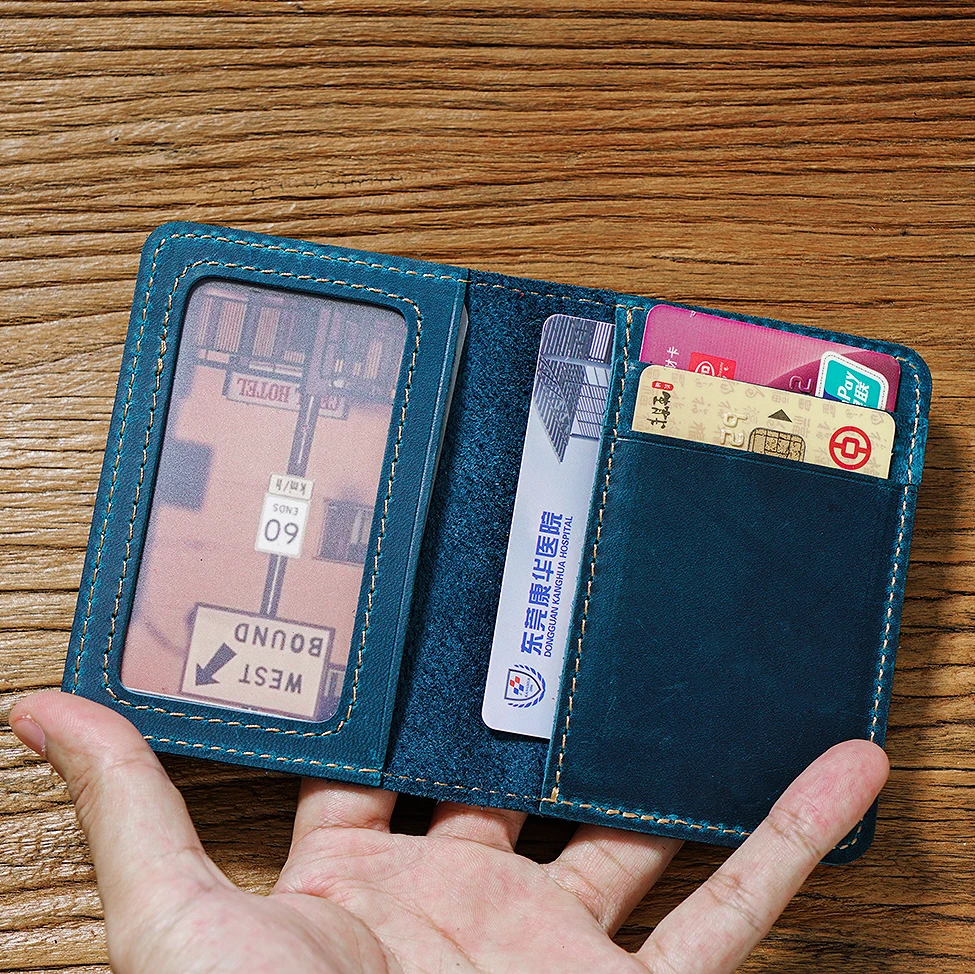 Men's Vintage Crazy Horse Leather Card Holder-Slim Short Wallet for IDs & Cards, Multi-Functional Top GrainUltra-Thin Case