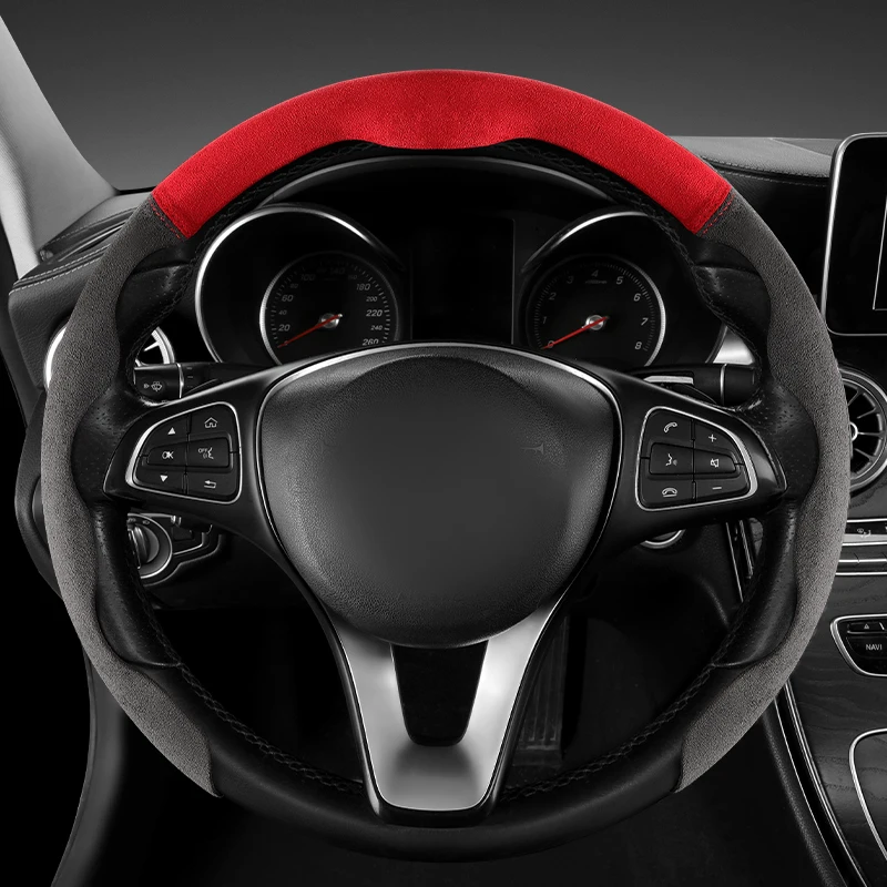 

37-38CM Car suede steering wheel cover all-season universal card sleeve ultra-thin hand sewn model buckle sweat absorbing anti