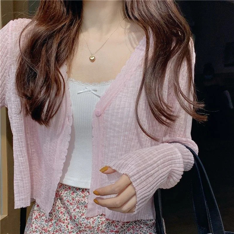 Cardigan Shirt Women Crooped Tops Korean Long Sleeve Cardigan Summer V Neck Thin Knitted Sunscreen Shirt Sweater Blusas Mujer 3