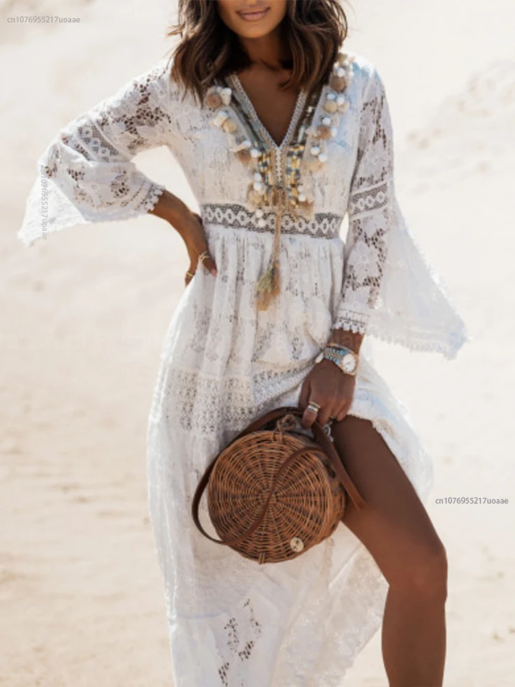

Boho Long Dress Women Summer Lace V Neck Flare Sleeve Sexy Maxi Dress Lady Holiday Party Beach Wedding Dresses