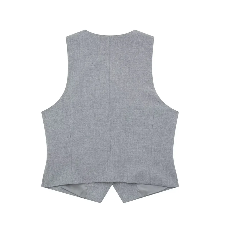 TRAF Grey Cropped Vest Women V Neck Sleeveless Vest Woman Fashion Summer Women's Suit Vest Top Button Short Coats Waistcoat 3