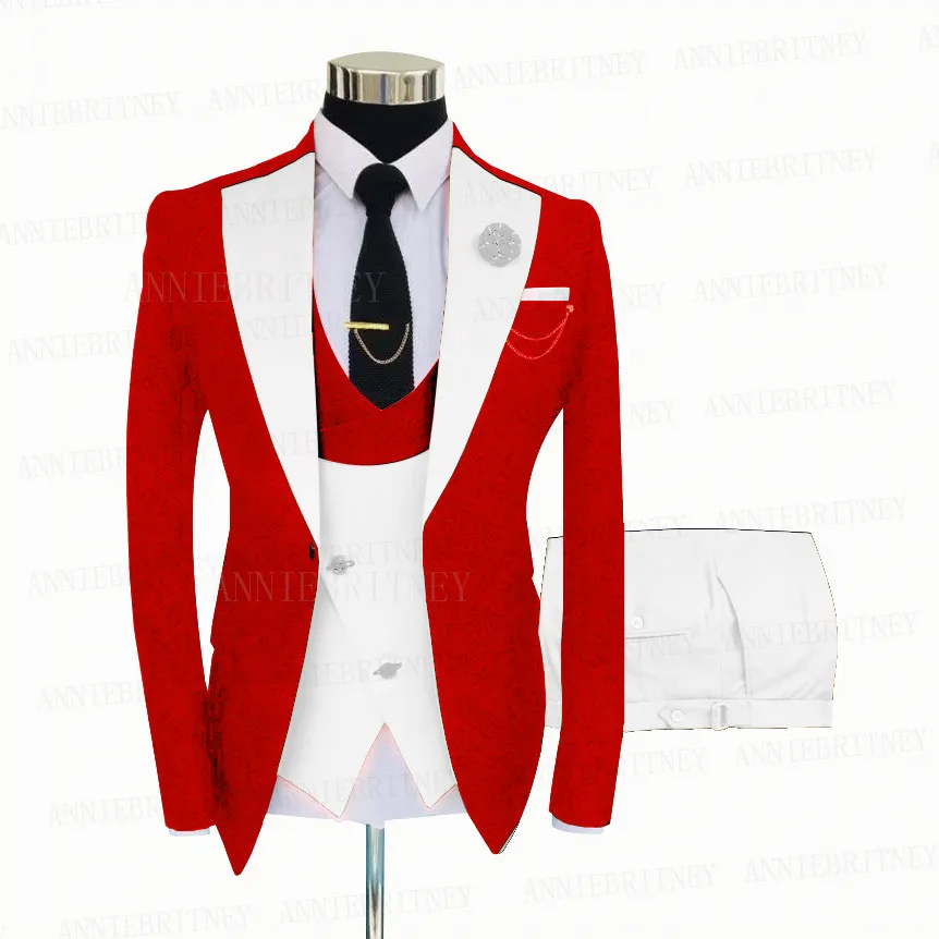 Jacquard Red Suit Men 3 Pieces Groom Wedding Tuxedo Slim Fit Prom Party Blazer Suit Jacket Double Breasted Vest Pants Set