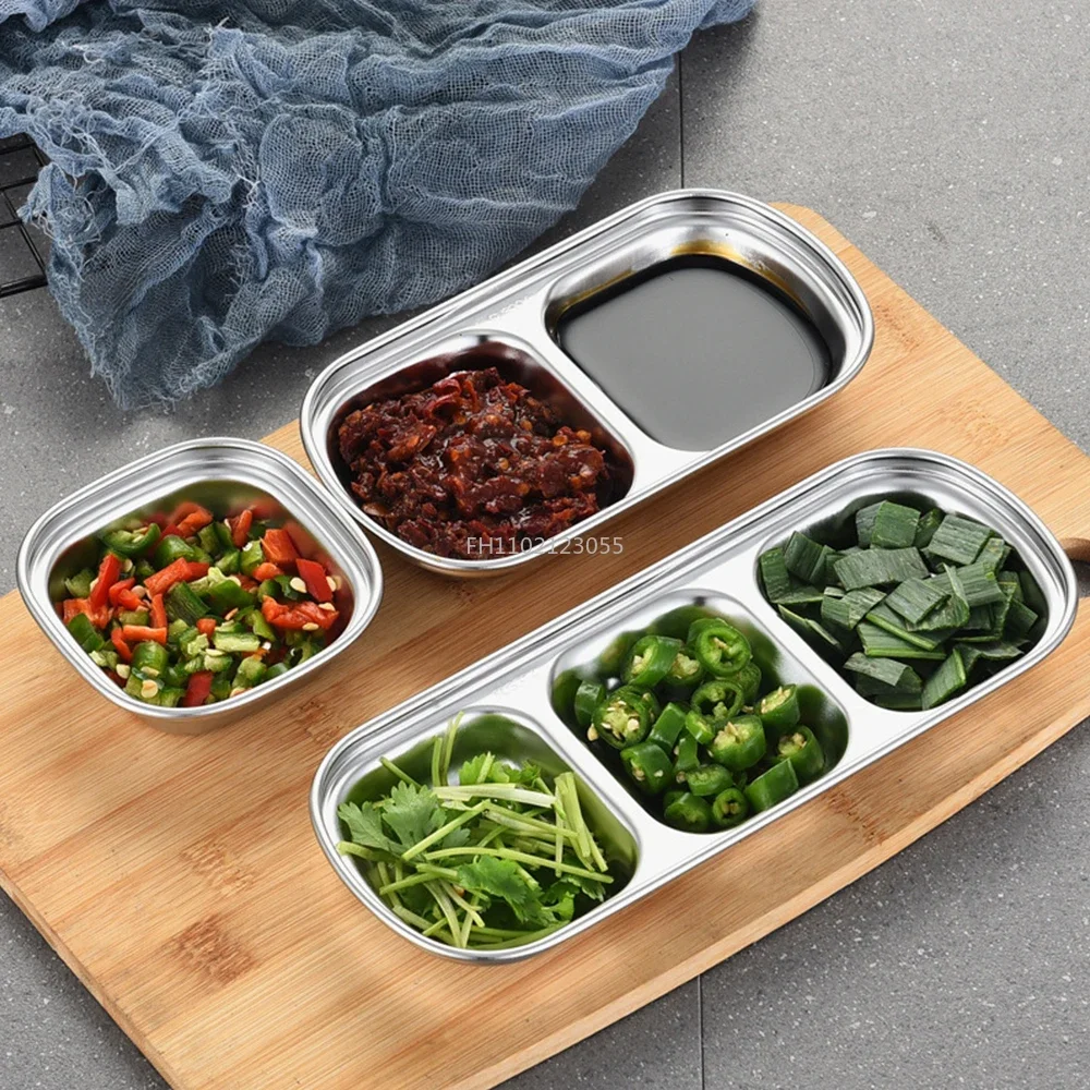 1/2/3/4 Grids Stainless Steel Seasoning Dish Korean Metal Barbecue Sauce Dipping Dish Plate BBQ Restaurant Kitchen Tableware