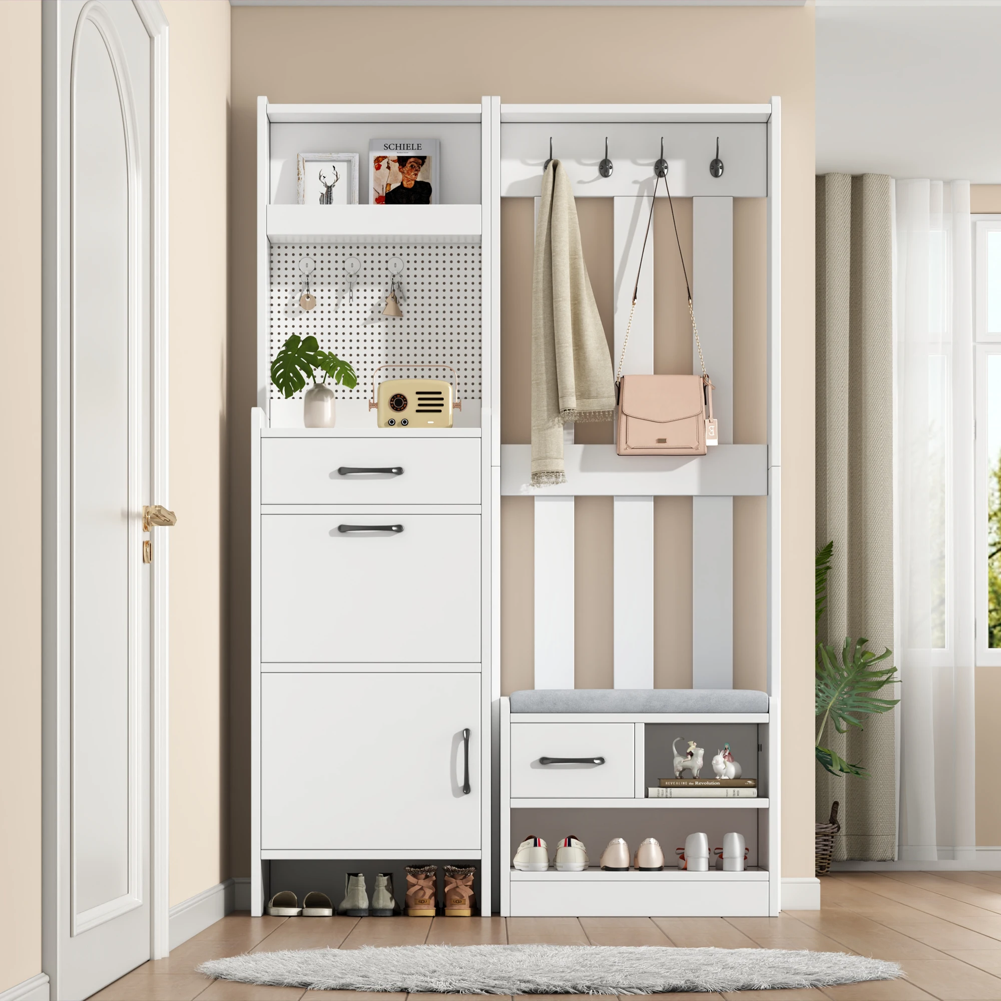 110 x 35 x 175,5 cm Garderobenständer und Kleiderständer für den Flur – 7-in-1 freistehender Eingangsbereich-Organizer mit Schuhbank, 7 Haken – Detail 25