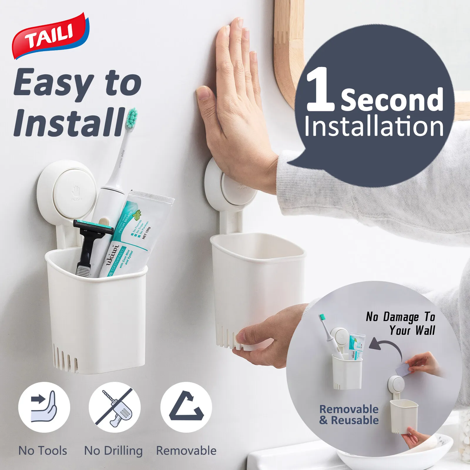 TAILI 1pcs Toothbrush Holder Suction Cup Wall Mounted Drill-Free for Bathroom Shower Electric Toothbrush Toothpaste Razor Holder 2