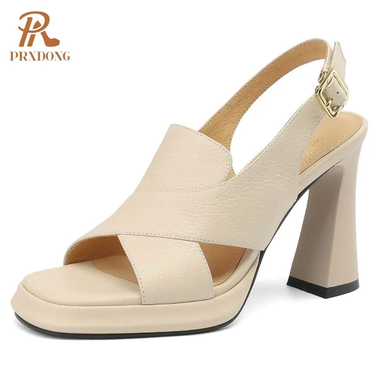 

PRXDONG INS 2024 New Brand Classics Genuine Leather High Heel Summer Qulaity Beige Apricot Dress Party Female Sandals Size 34-39