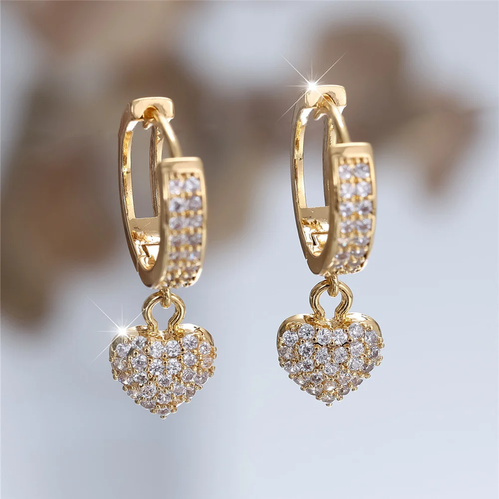 Trendy Crystal White Zircon Stone Love Heart Hoop Earrings For Women Vintage Gold Color Wedding Jewelry