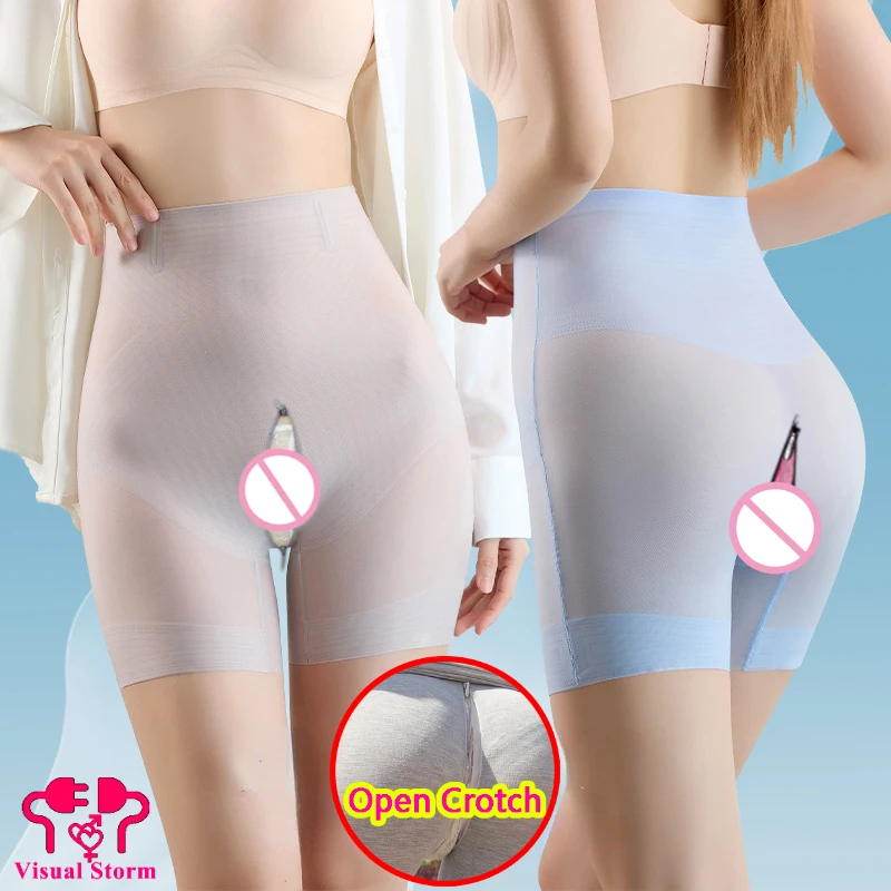 Woman Open Crotch Pants Double Hidden Zippers Body Shaper High Waist  Leggings Outdoor Crotchless Shorts Transparent Lingerie