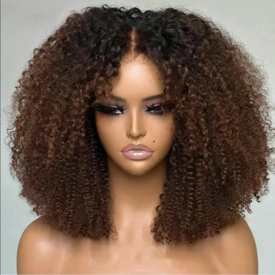 

Soft 14“ Short Bob Ombre Brown Glueless 180Density Kinky Curly Lace Front Wig For Black Women BabyHair Preplucked Heat Resistant