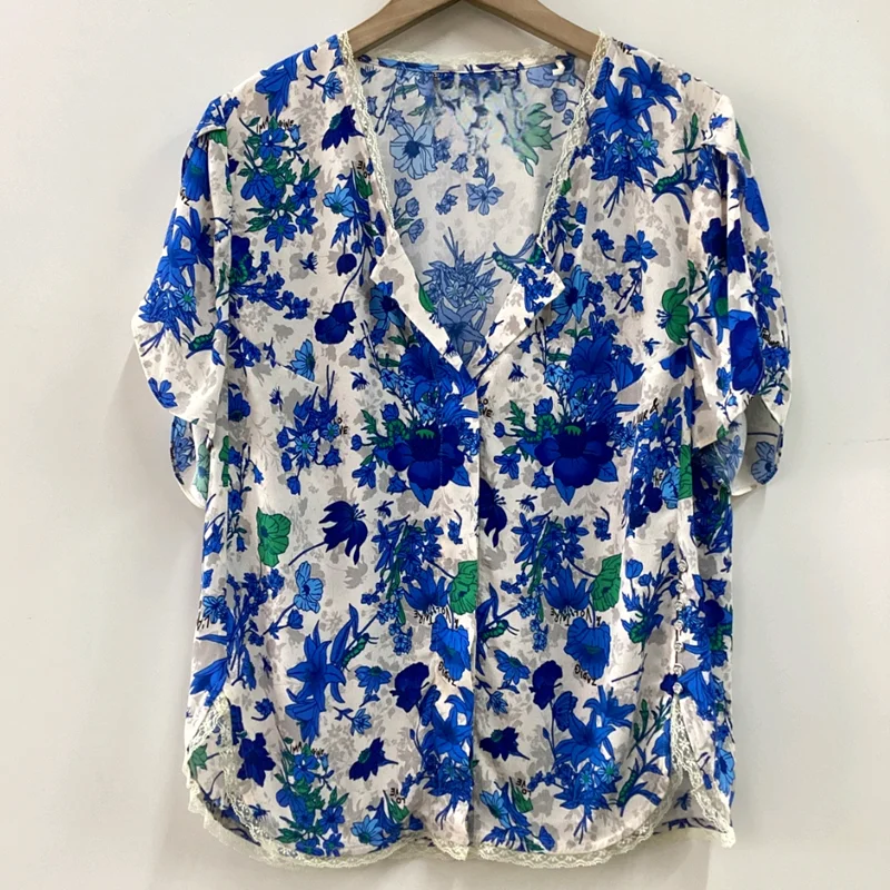 Elegant Women's Shirt 2024 Summer Casual Comfortable Blue Flower White V-neck Short sleeved Top Sweatshirt
