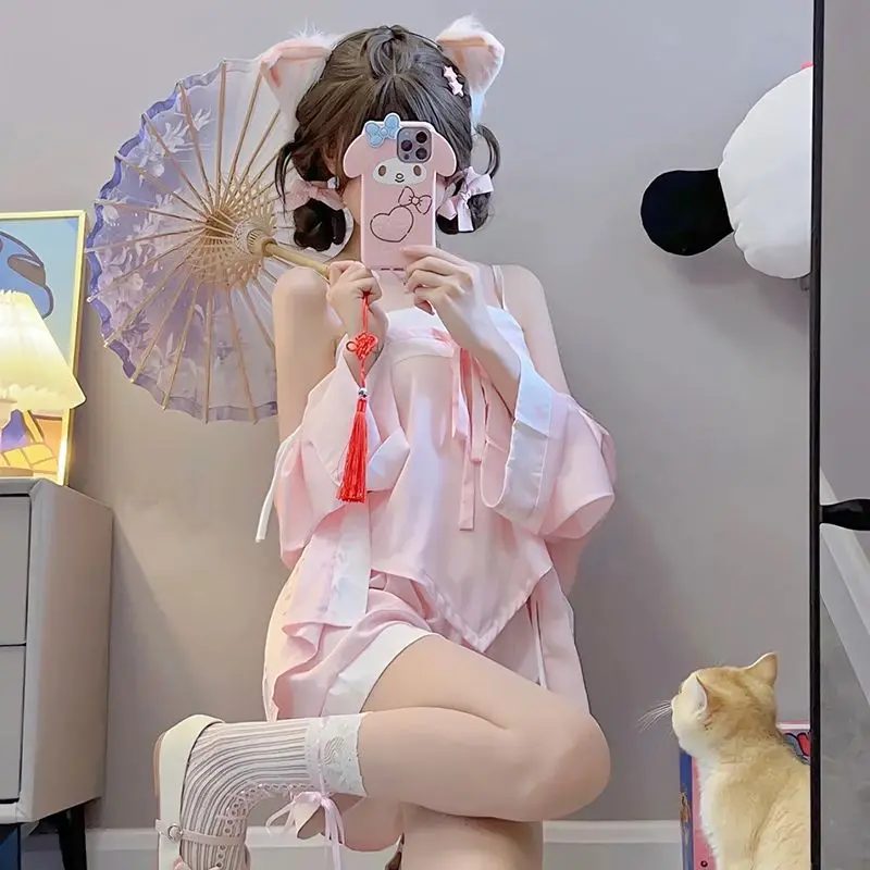 

Japanese Sleepwear Casual Pajamas For Women Sets Suit Chiffon Off Shoulder Shirt Suspender Sleep Tops Nightdress Female Homewear