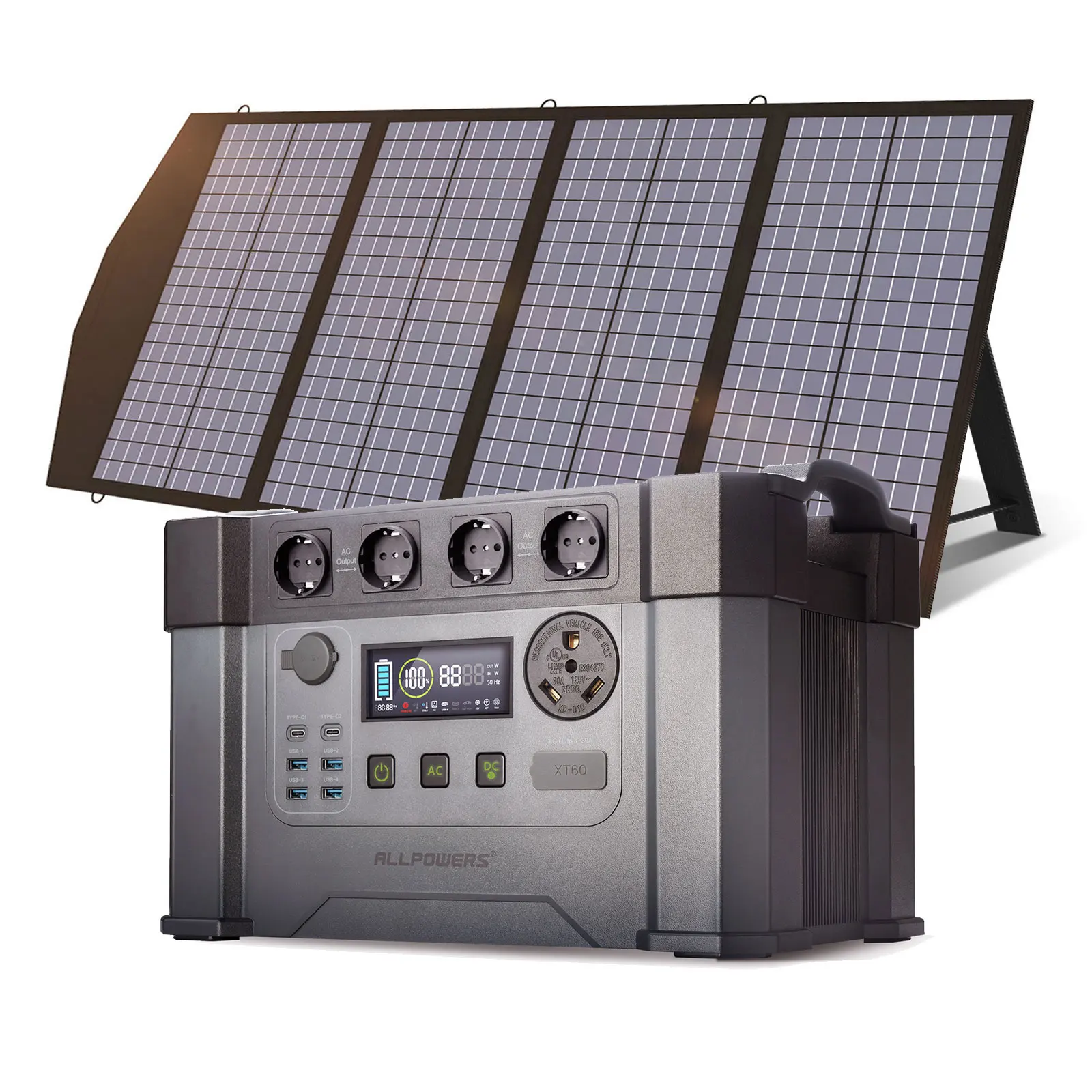 Alimentatore Per Accumulo Di Energia Mobile 2400W Allpower Powerstation Con Pannello Solare 18V, Presa Ca 4X2400W, Spina Rv 30A, Funzione Ups