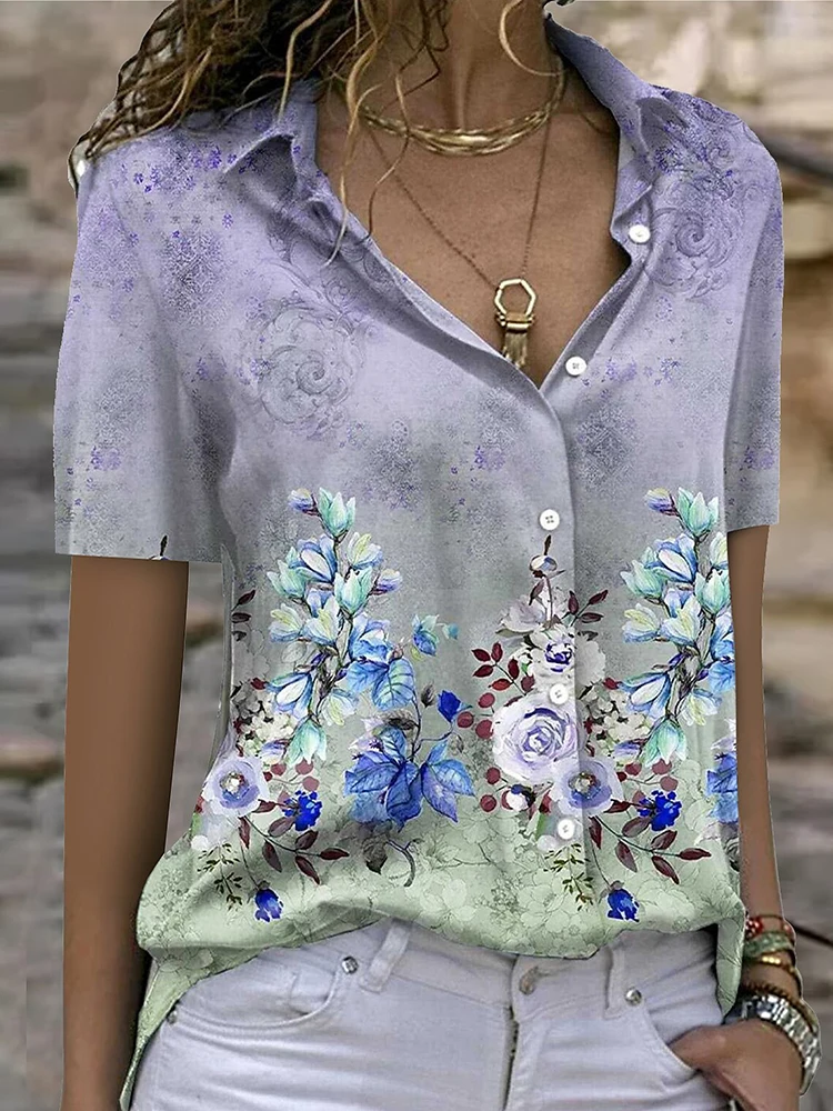 

Женская рубашка с цветочным принтом, коротким рукавом и воротником-стойкой