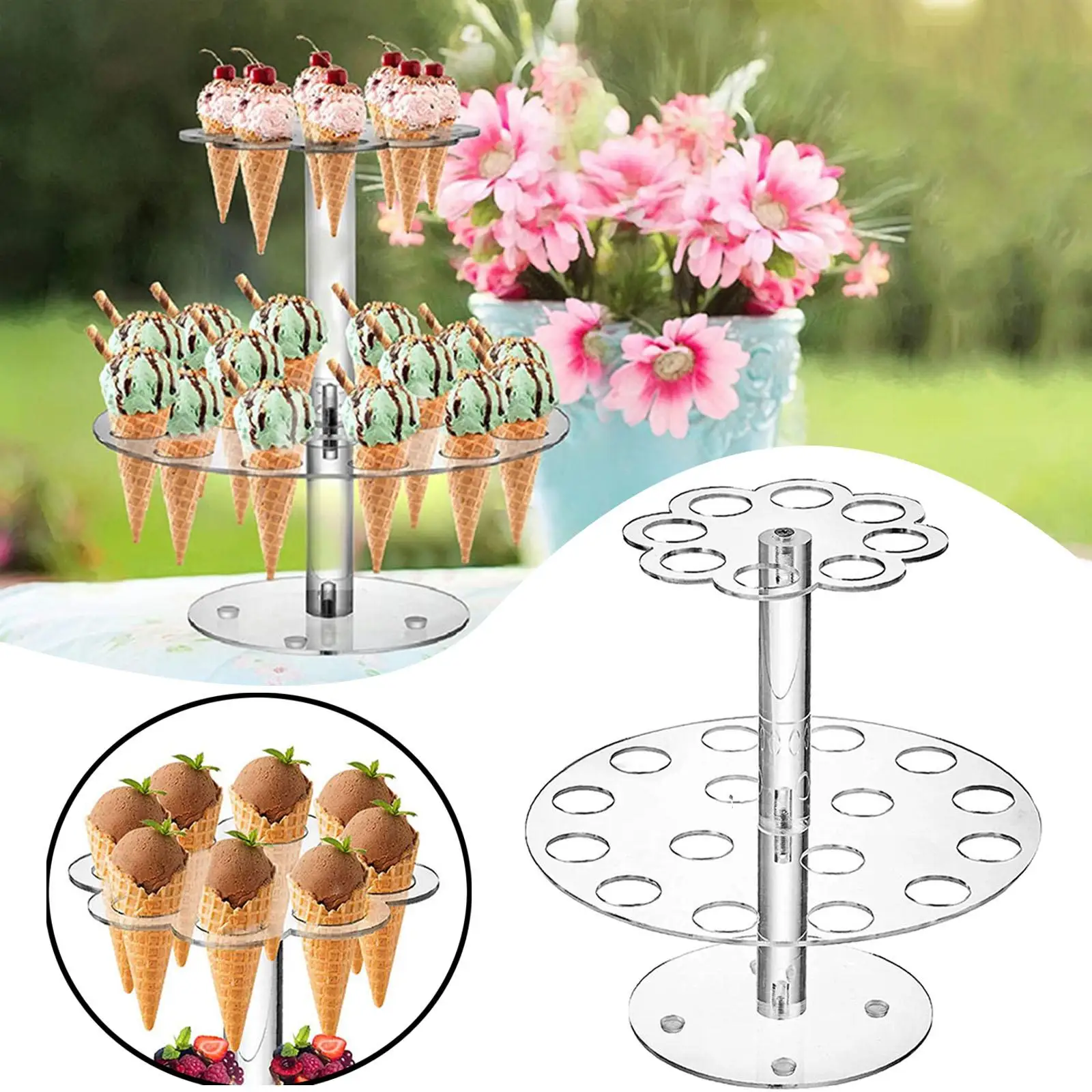 Double Layers 24 Holes Ice Cream Cones Holder Stand Decoration Baking Tools Supplies Cupcake Display Stand Holder for Birthday