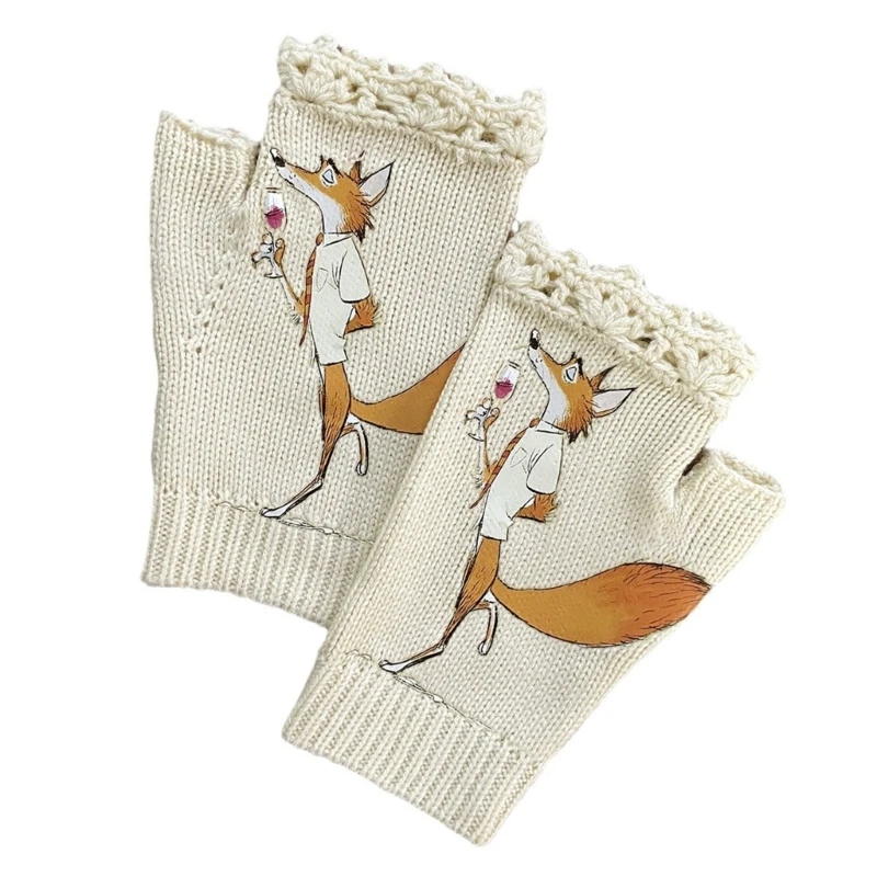 

Y166 Knit Cartoon Foxes Print Fingerless Gloves Winter Half Finger Mittens Stretchy Keep Warm Gloves for Girls Teens Cycling