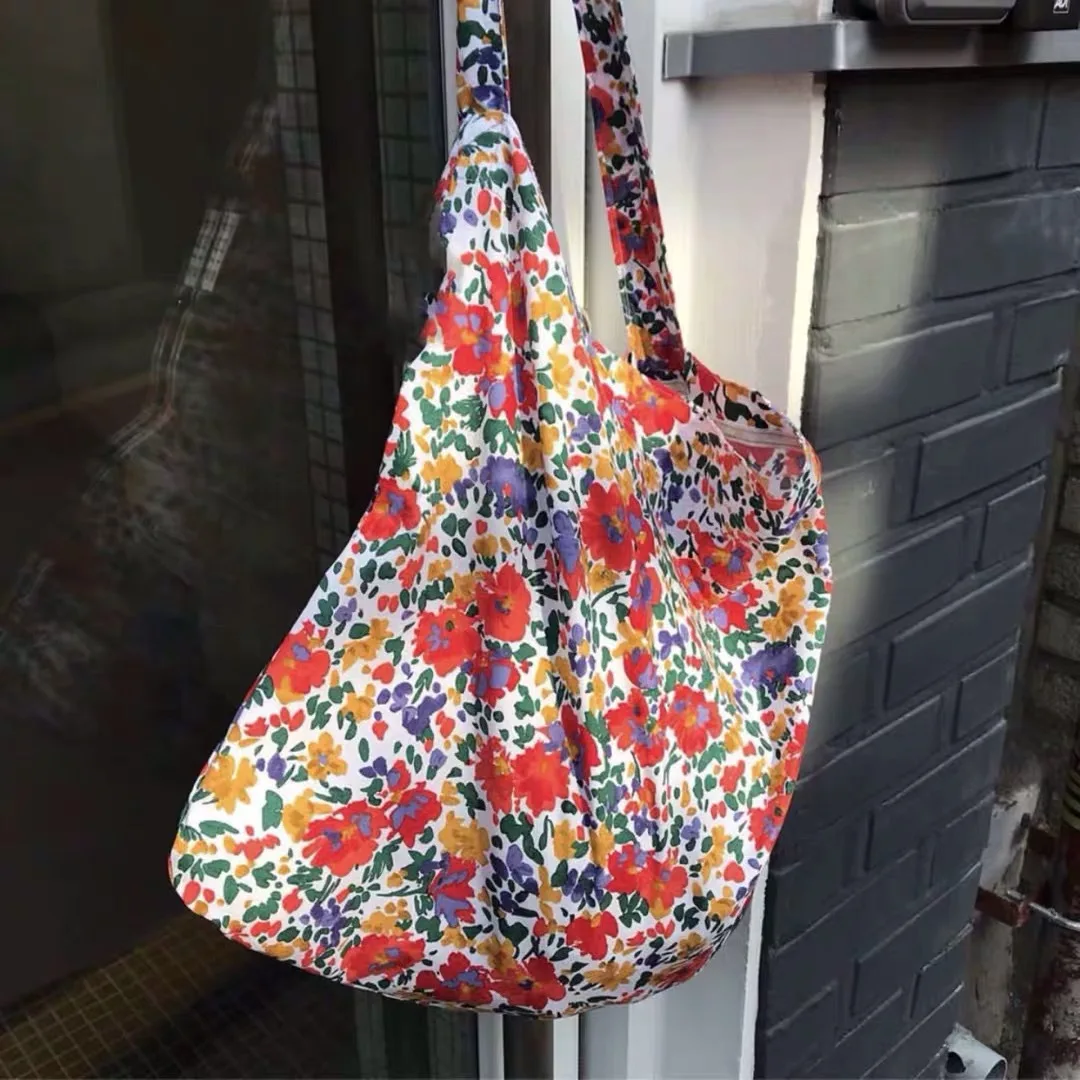 

Vintage Flower Print Shoulder Tote Bag Thin Cotton Cloth Shopping Bag For Women Korean Ins Canvas Crossbody Bag Grocery Handbag