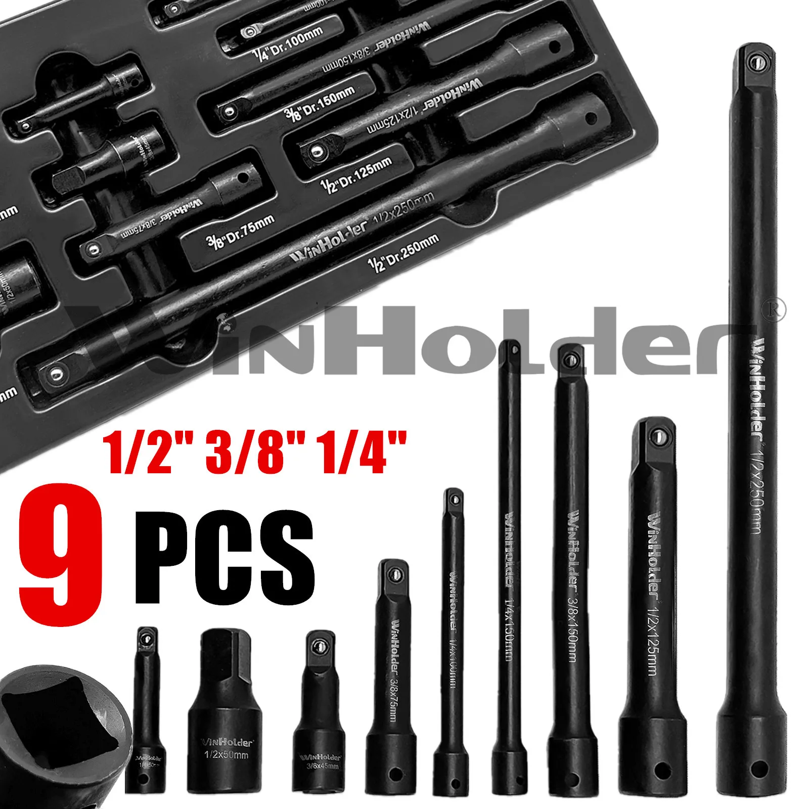 9pcs Universal IMPACT Extension Bars Mixer Drive 1/2" 3/8" 1/4"Long Reach Extension bar Set Dr Workshop Repair Tool WinHolder