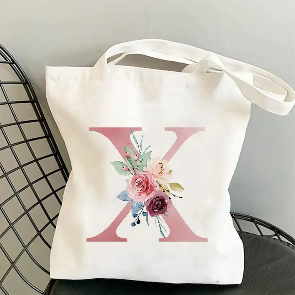 Damen ABC Canvas Tote Umhängetasche Aquarell Blumen Initiale Rosa Blau Lila Blumen Minimalistisch Lässig Öko Handtasche Damen Tasche – Detail 27