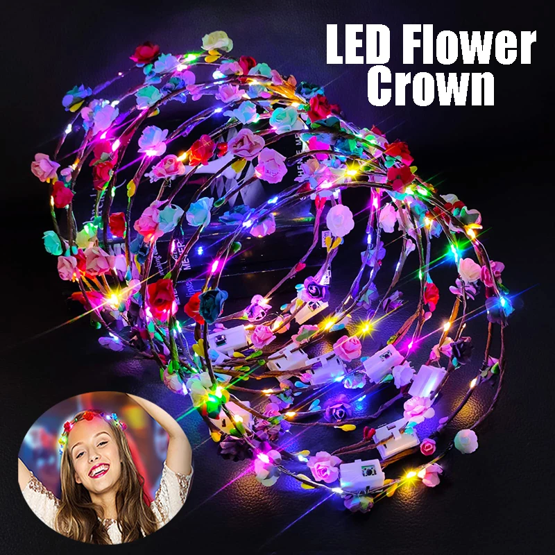 

480-5Pcs Light up Headband Christmas Lighted Flower Crowns Woman Glowing Wreath light Flower Hairbands Glow in the Dark Supplies