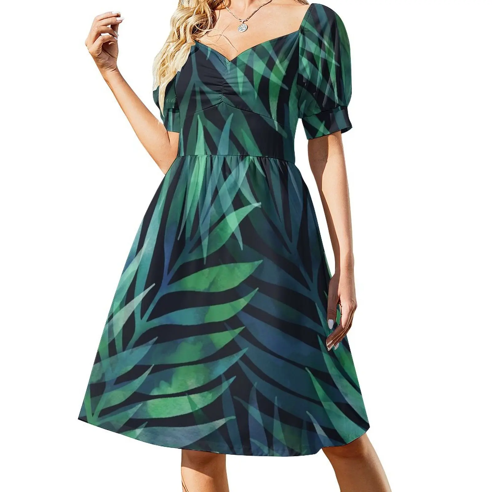 thumbnail image 1 of Vestido de manga corta con estampado de hojas de palmeras verde oscuro, vestido de verano para embarazadas, vestido largo para mujer, 1 of 7
