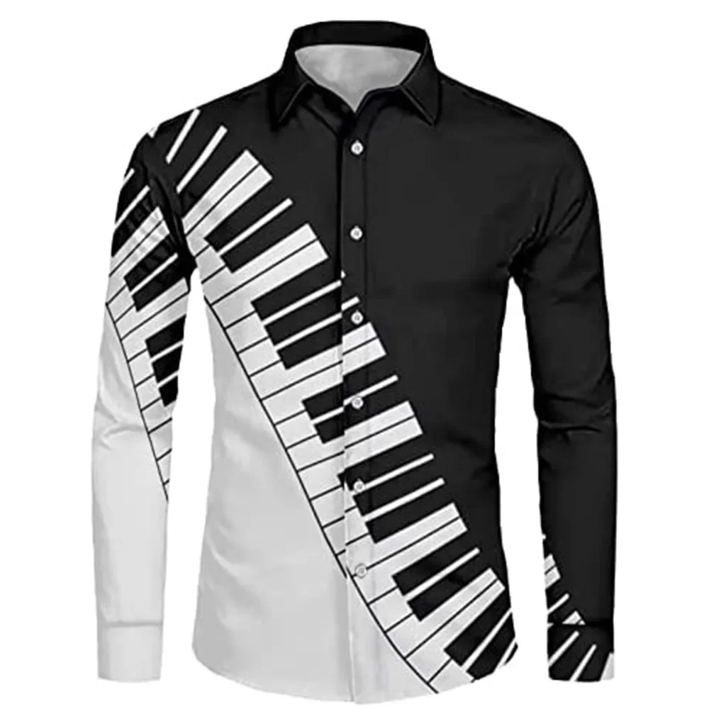 Men's Loose Piano Key Art Shirt 3D Digital Print Lapel Long Sleeve Casual Fashion New Shirt Mens Shirts Korean Popular Clothes