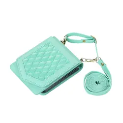 Elegant Mirror Crossbody Card Holder Case with Long Lanyard and Makeup Pocket in Leather for Galaxy Z Flip 3 (Mint Green)