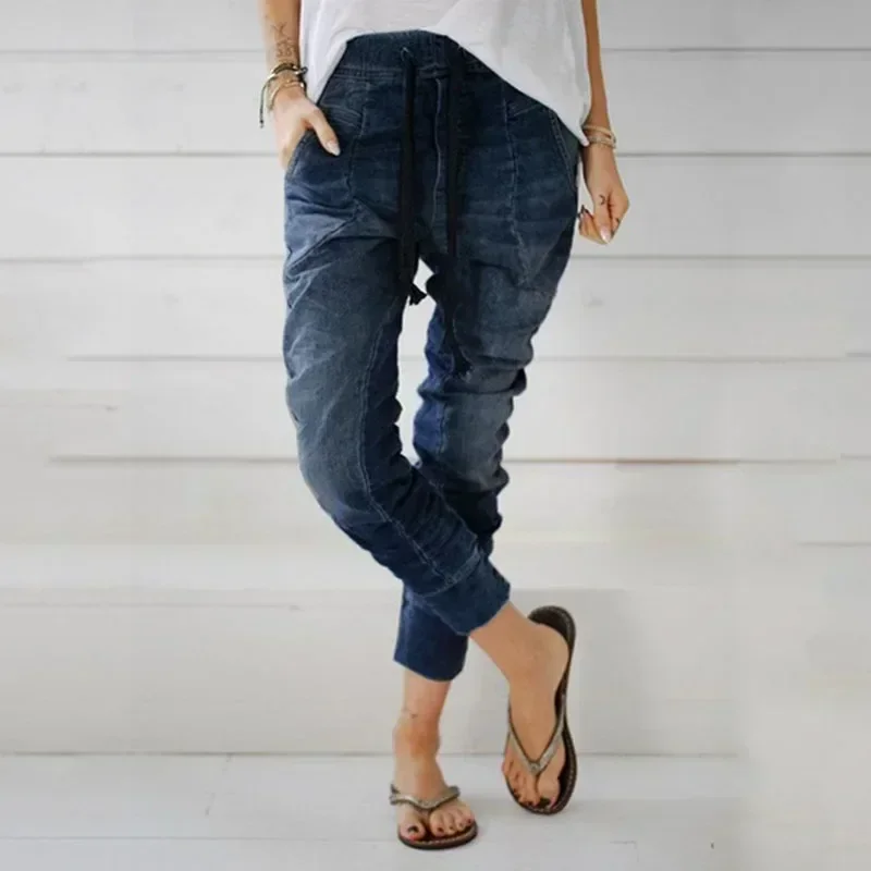 

2023 Fashion Streetwear Long Denim Pants Casual Drawstring Jeans Women Winter Elasticated Waist New Jeans Cowboy Loose Fit 30202