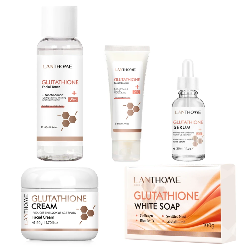 Lanthome Glutathione 5 PCS Set Face Whitening Cream Serum Deep Cleaning Soap Cleanser Drak Spot Moisturiser Brighten Skin Care