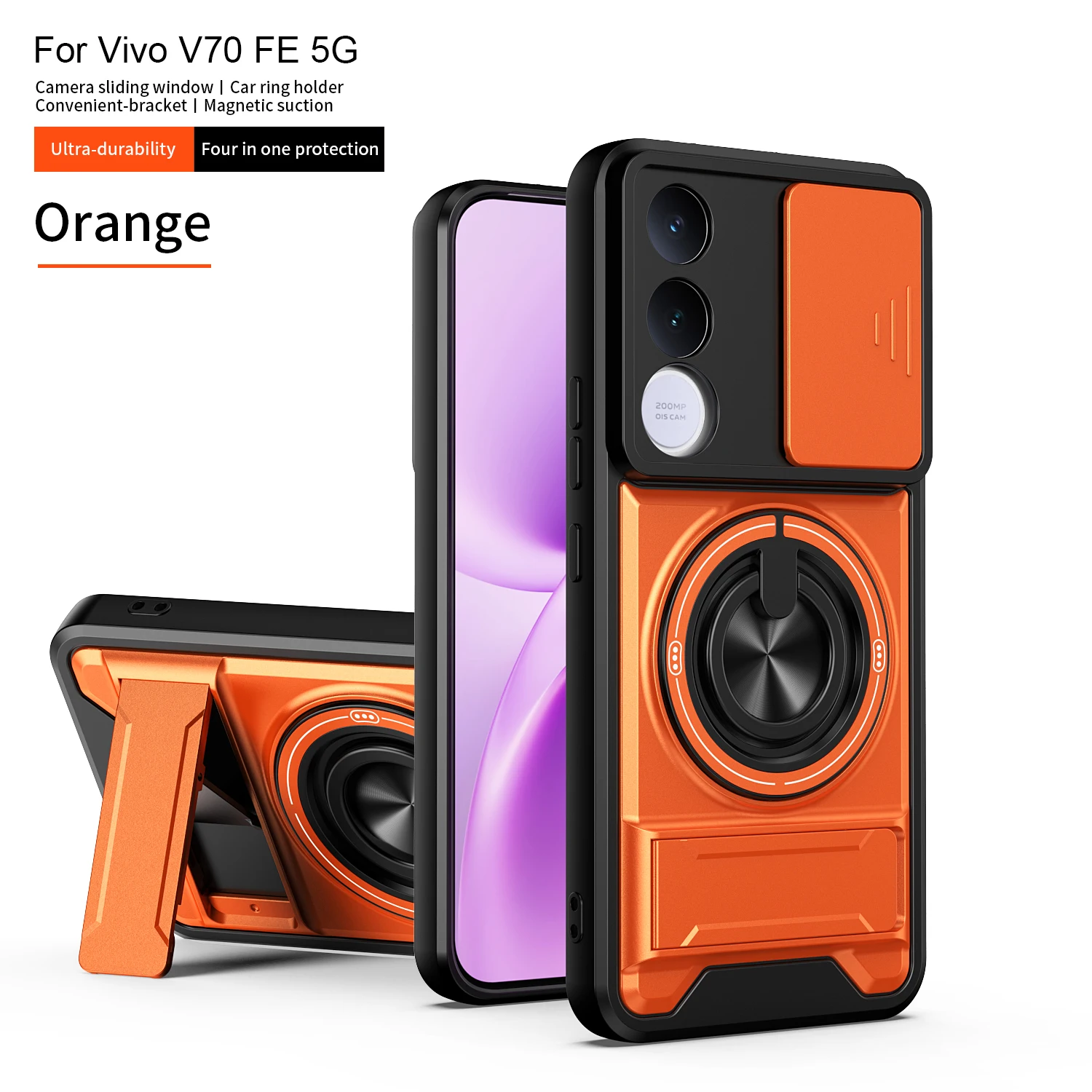 Rugged Shockproof Phone Case with Sliding Camera Cover and Magnetic Ring Kickstand