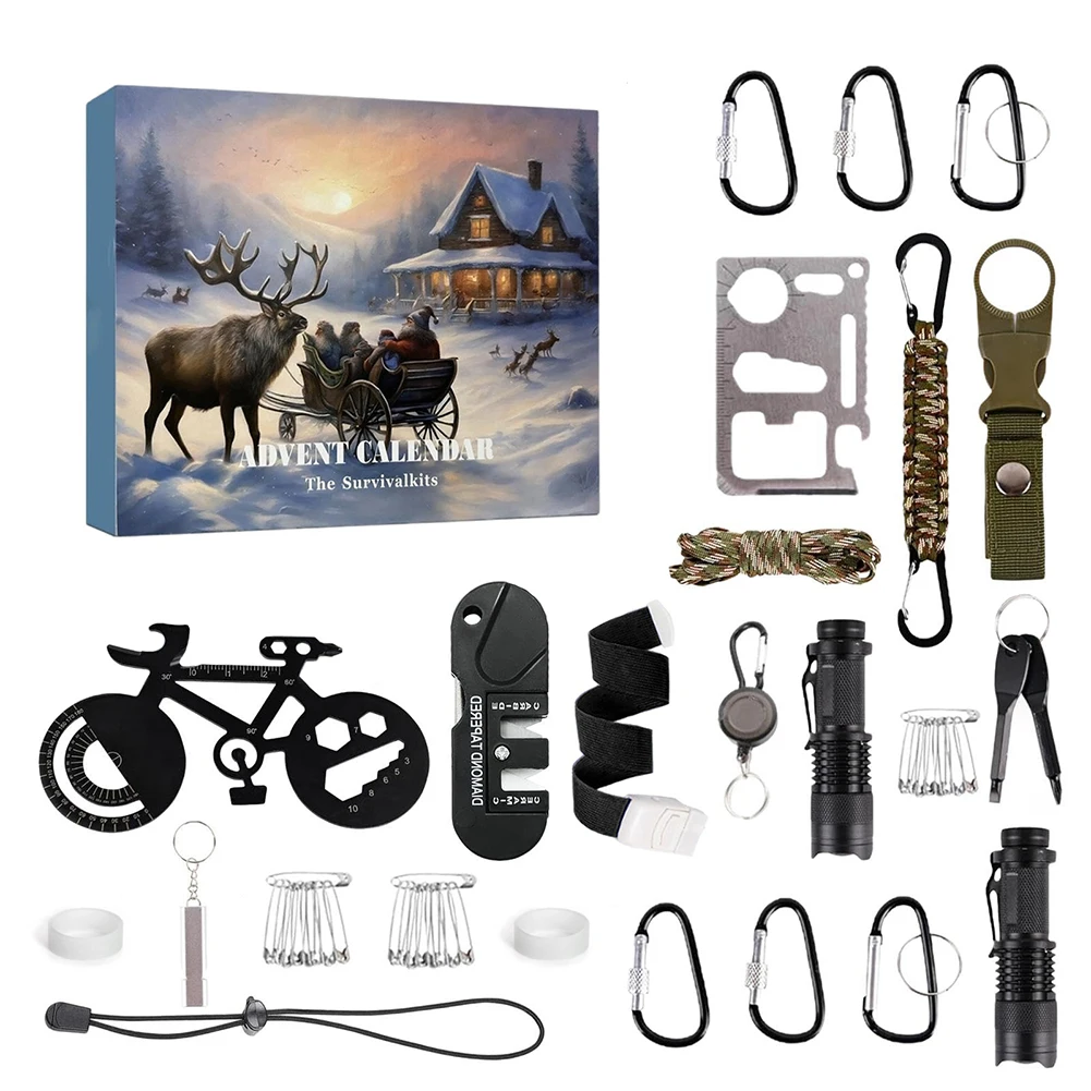Adventskalender Survival Kits Voor Mannen - 24 Dagen Kerstmis Aftelkalender Noodgeval Survival Gears Cadeau Voor Tiener Volwassene 2024 Kerst Coole Gadgets Voor