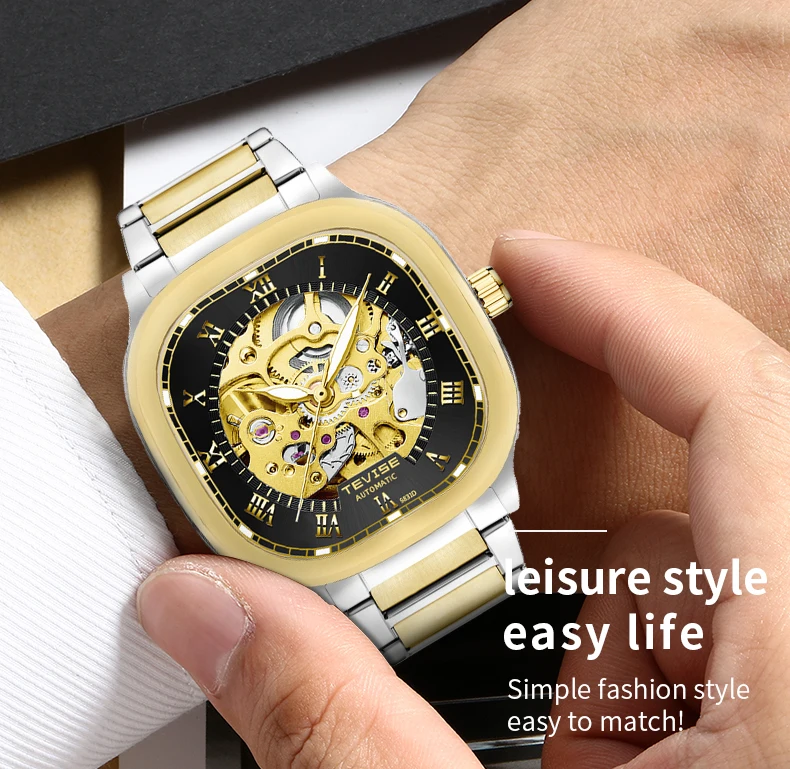 TEVISE New Automatic Watch Mechanical Movement Square Shape Case Skeleton Watch Luminous Fashion Gift
