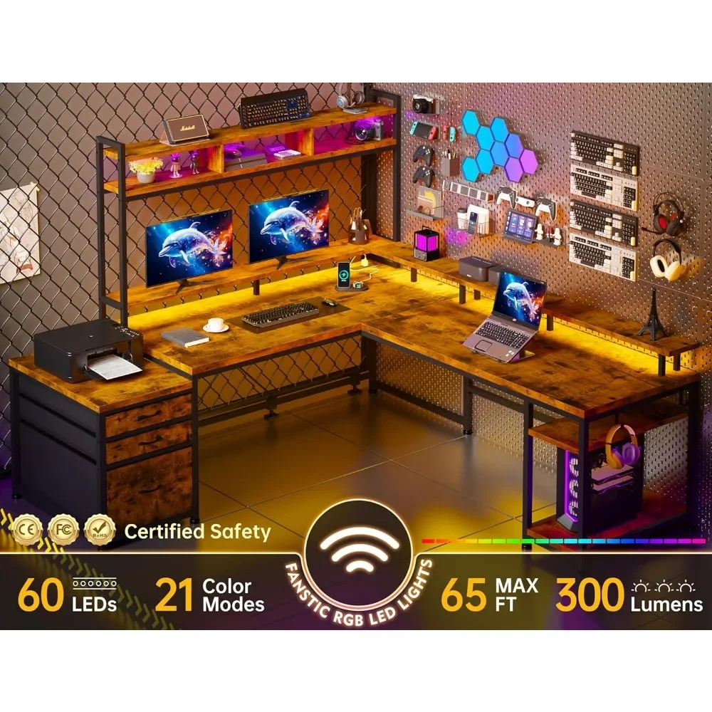 L Shaped Gaming Desk, Drawers & Storage Shelf Reversible Computer Desk with Monitor Stand & Power Outlets, LED Gaming Desk 4