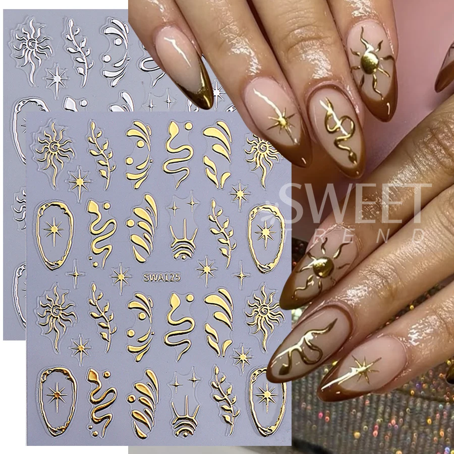 2pcs Metallic Leaves Snake Nail Stickers 3D Gold Silver Stars Sun Line Design Nail Decals DIY Holographic Manicure Slider Decor