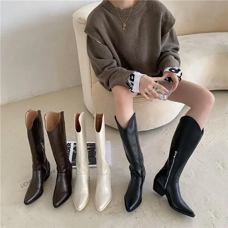 New Women Cowboy Boots Pointed Toe Women's Shoes Soft Leather Shoes Riding Over The Knee Boots