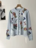 Temperament Versatile Long Sleeve Printing Crew Neck Knitted Cardigan Flower Sequin Blue Sweater 51c-PB 1